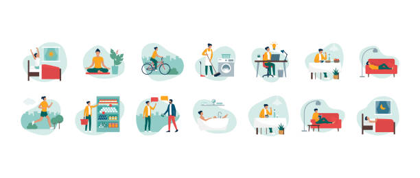 Daily routine of a young efficient woman Daily routine, tasks and activities of an efficient happy woman, healthy lifestyle concept active lifestyle stock illustrations