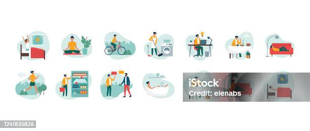 Daily Routine Of A Young Efficient Woman Stock Illustration - Download Image Now - Lifestyles, People, Wellbeing