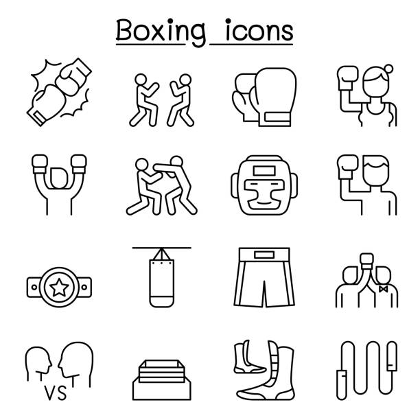 бокс значок набор в тонкой линии стиля - boxing ring fighting rope stadium stock illustrations