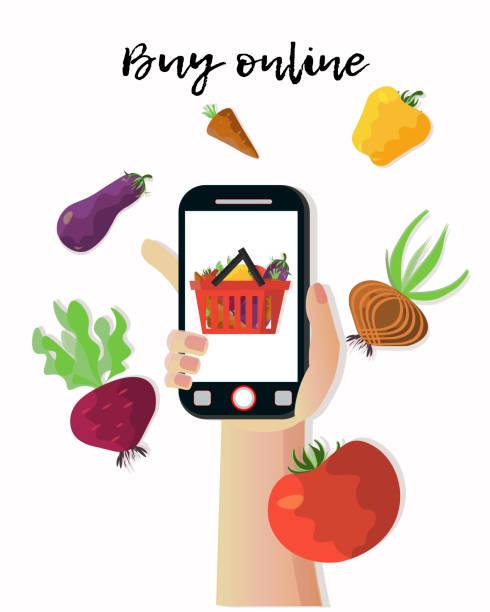 istock Buy online banner with hand holding smartphone surrounded by vegetables. 1241839695