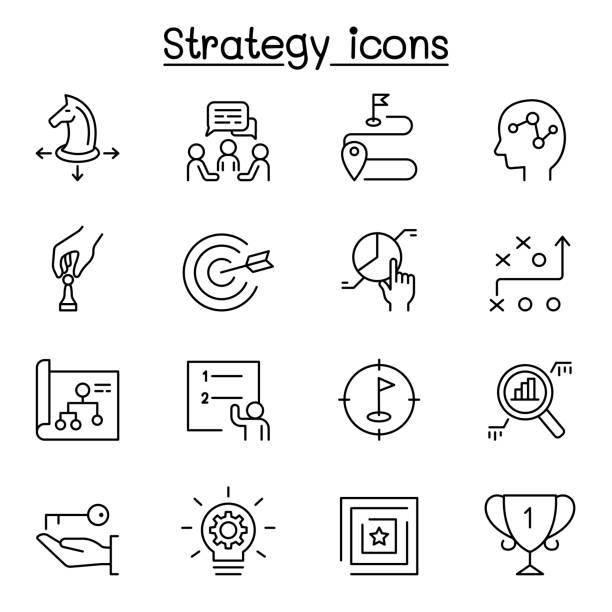 strategie & hobing-symbol in dünner linie stil gesetzt - solution maze business innovation stock-grafiken, -clipart, -cartoons und -symbole