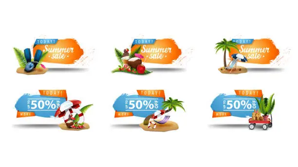 Vector illustration of Summer sale, up to 50% off, large collection blue and orange clickable banners with ragged corners and summer 3D icons. Beautiful modern discount banner