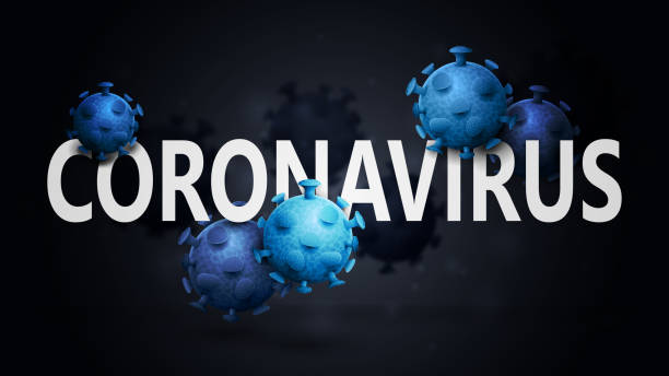 istock Coronavirus black concept with white great headline with blue 3D molecules of coronavirus around title. Coronavirus background in black colors for website or printing with modern design 1241844695