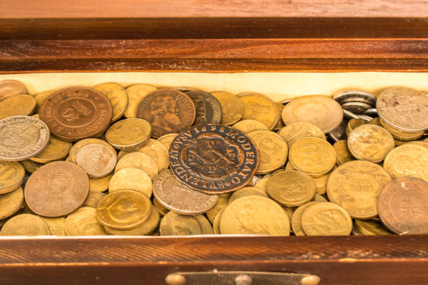 Trunk of old brazilian coins, close