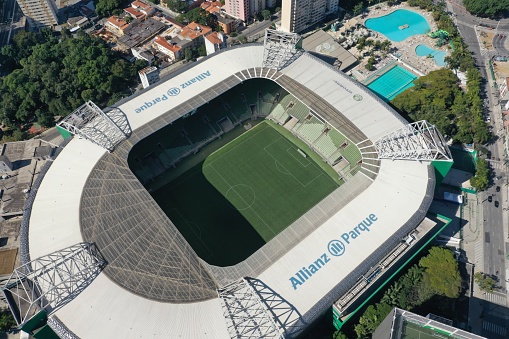 São Paulo, São Paulo, Brazil 05/31/2020 - Aerial landscape of Allianz Parque stadium in the sunny day nearest Palmeiras Barra Funda train station. Great landscape.