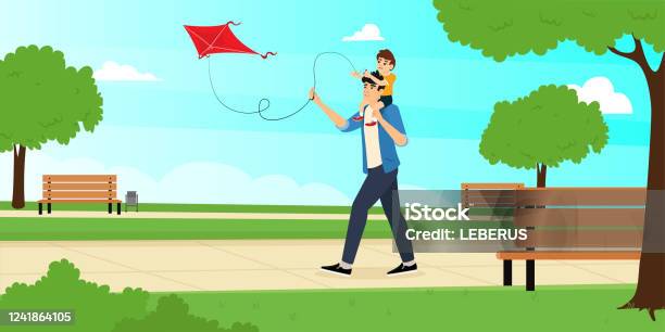 Girl playing with kite in windy weather on green Vector Image