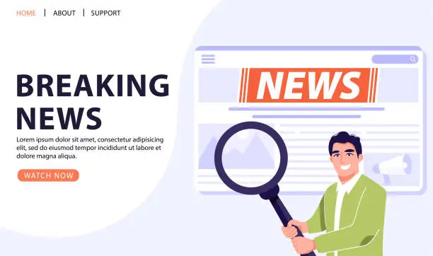 Vector illustration of Breaking news concept. Man reading news with a magnifying glass.