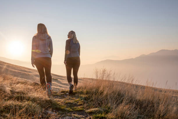 istock Female hikers walk along grassy meadow at sunrise 1241889751