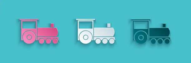 Vector illustration of Paper cut Retro train icon isolated on blue background. Public transportation symbol. Paper art style. Vector Illustration