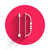 istock White Bow and arrow in quiver icon isolated with long shadow. Red circle button. Vector Illustration 1241892436