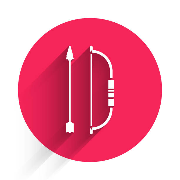 White Bow and arrow in quiver icon isolated with long shadow. Red circle button. Vector Illustration White Bow and arrow in quiver icon isolated with long shadow. Red circle button. Vector Illustration arrow bow and arrow illustrations stock illustrations
