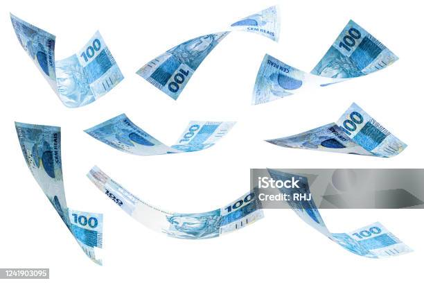 Banknotes Of 100 Reais Of Brazil Falling On Isolated White Background Grand Prize Lottery Or Wealth Concept Stock Photo - Download Image Now