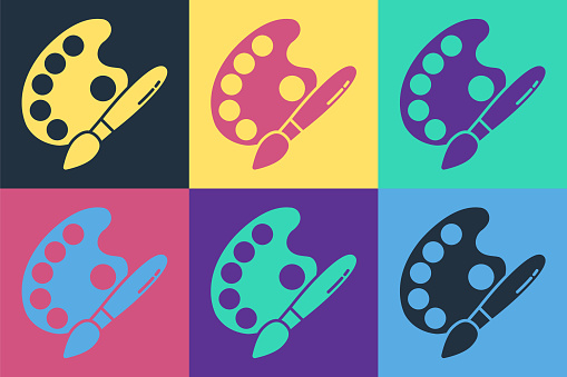 Pop art Paint brush with palette icon isolated on color background. Vector Illustration