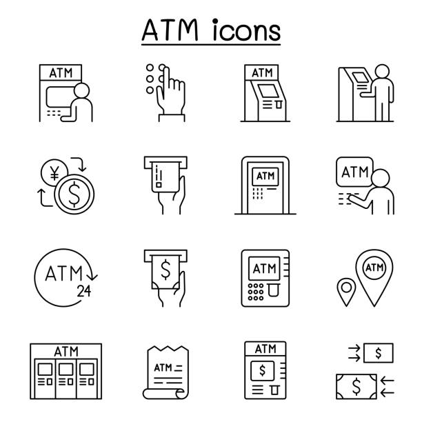 ilustraciones, imágenes clip art, dibujos animados e iconos de stock de iconos atm establecidos en estilo de línea fina - cajero automático