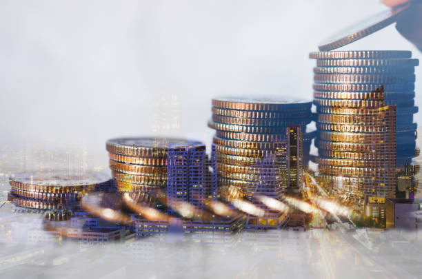 double exposure of city with row of coin stack with growth chart and graph progress report for business investment finance banking and money saving concept. double exposure of city with row of coin stack with growth chart and graph progress report for business investment finance banking and money saving concept. trader wall street stock market analyzing stock pictures, royalty-free photos & images