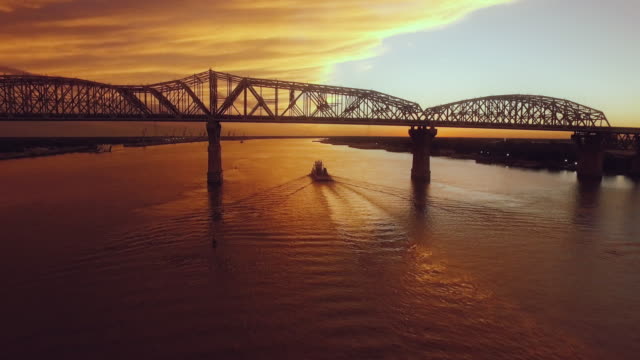 Mississippi River Boat Aerial Sunset, Bridge