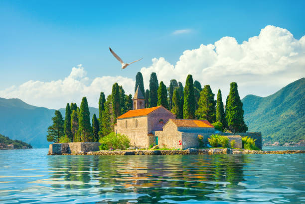 Beautiful mediterranean landscape. St. George Island near town Perast, Kotor bay, Montenegro