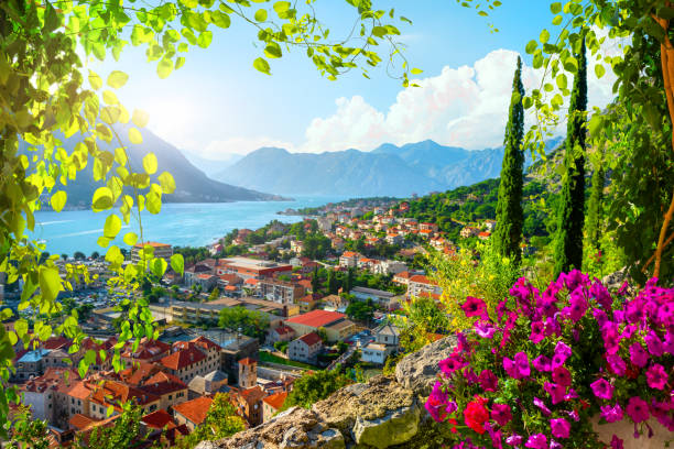 Picturesque view of Kotor Picturesque sea view of Boka Kotor bay, Montenegro, Kotor old town montenegro stock pictures, royalty-free photos & images