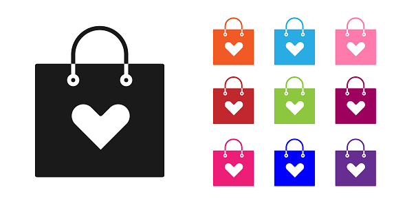 Black Shopping bag with heart icon isolated on white background. Shopping bag shop love like heart icon. Valentines day symbol. Set icons colorful. Vector Illustration
