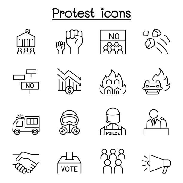 protest & chaos-ikone in dünner linie stil gesetzt - banner despair order violence stock-grafiken, -clipart, -cartoons und -symbole
