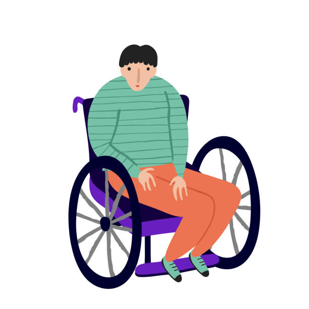 молодой взрослый мужчина с физическими недостатками. кавказский мужчина в инвалидной коляске изолирован на белом. - physical injury men orthopedic equipment isolated on white stock illustrations