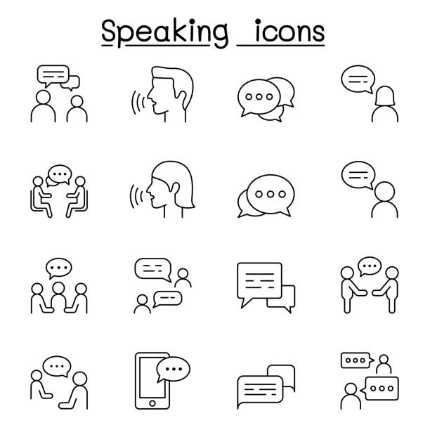 rozmowa, mowa, dyskusja, dialog, mówienie, czat, konferencja, ikona spotkania ustawiona w cienkim stylu liniowym - dwie osoby stock illustrations
