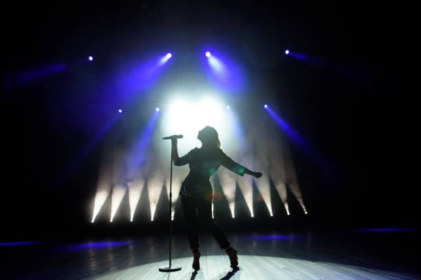 silhouette di cantante sul palco. sfondo scuro, fumo, faretti. - microphone stage music popular music concert foto e immagini stock