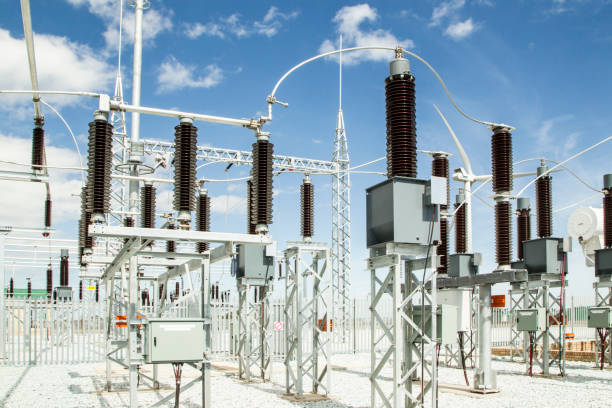 Electrical substation in a rural area stock photo