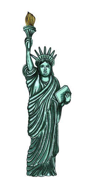 ilustraciones, imágenes clip art, dibujos animados e iconos de stock de el famoso boceto de la estatua de la libertad de nueva york. estilo de dibujo a mano, trazo de sombreado de línea. esbozo de tinta realista, contorno y plano. monumento a nueva york y ee.uu. símbolo nacional estadounidense de libertad y declaración de i - statue manhattan monument flaming torch