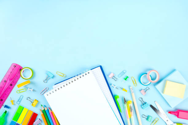 istock Various school office supplies on blue background. Back to school concept. Top view. Copy space 1241975927