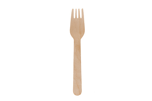 Eco natural wooden fork with empty space. Disposable ecological utensils on white background. Sustainability of planet. Cardboard plate made of fiber of bamboo and bagasse.
