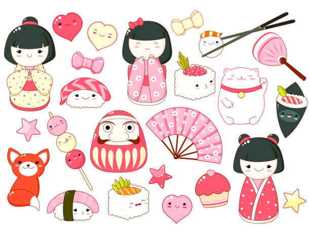 Set of cute icons in kawaii style Set of cute icons in kawaii style. Japanese traditional toy kokeshi doll in kimono, maneki neko cat, daruma doll, fan, inari fox, heart, bow, cupcake, sushi and rolls. Vector illustration EPS8 takoyaki stock illustrations