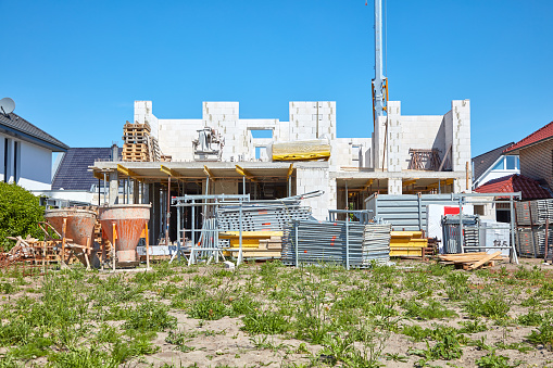 Construction site of a single-family house on which the shell is built.