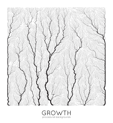 Vector generative branch growth pattern. Square texture. Lichen like organic structure with veins. Monocrome square biological net of vessels
