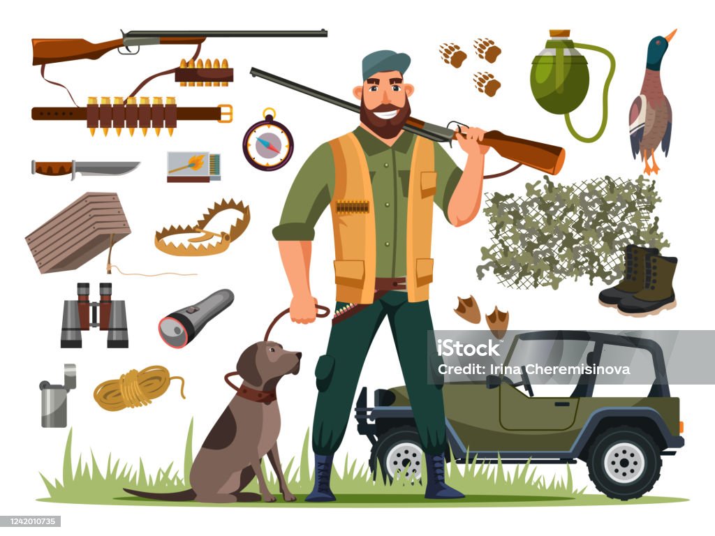 Hunter With Shotgun Dog And Hunting Attribute Set Stock Illustration -  Download Image Now - Hunter, Hunting - Sport, Duck - Bird - iStock