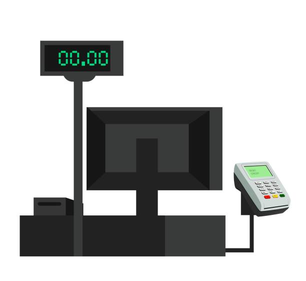 ilustraciones, imágenes clip art, dibujos animados e iconos de stock de ilustración plana vectorial de caja con terminal pos - cash register coin cash box checkout counter