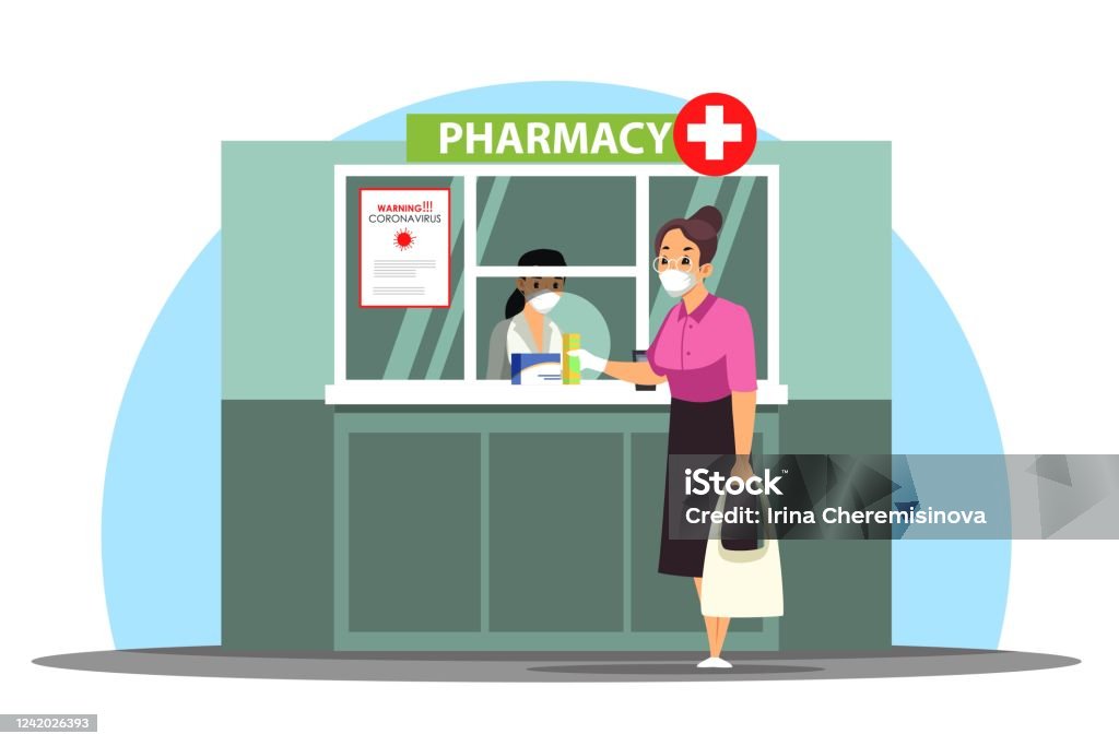 Masked Woman Customer Buying Medicines At Pharmacy Counter Stock  Illustration - Download Image Now - iStock