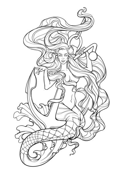 Beautiful mermaid with long wavy hair sitting on anchor Beautiful mermaid with long wavy hair sitting on anchor. Intricate black line drawing isolated on white background. EPS10 vector illustration pin up tattoo stock illustrations