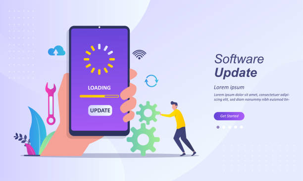 illustrazioni stock, clip art, cartoni animati e icone di tendenza di aggiornamento del sistema modificare la nuova versione. installazione del processo di aggiornamento con caratteri utente adatto per pagina di destinazione web, interfaccia utente, app mobile, modello banner. illustrazione vettoriale - order repairing telephone change
