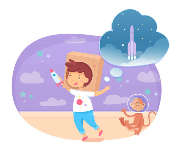 bildbanksillustrationer, clip art samt tecknat material och ikoner med lycklig pojke spelar och drömmer att vara astronaut - drömjobb