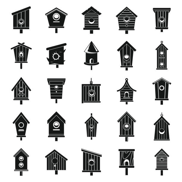 illustrazioni stock, clip art, cartoni animati e icone di tendenza di set di icone della casa degli uccelli degli alberi, stile semplice - birdhouse