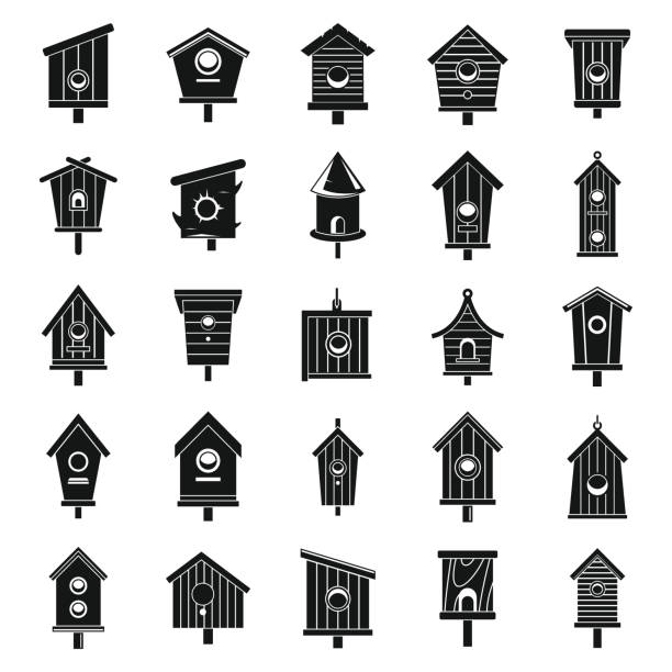 zestaw ikon domków dla ptaków na drzewie, prosty styl - birdhouse stock illustrations