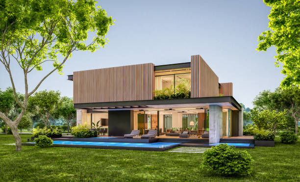 istock 3d rendering of modern house with wood plank facade in evening 1242041490