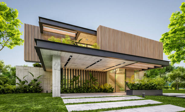 istock 3d rendering of modern house with wood plank facade in evening 1242041501
