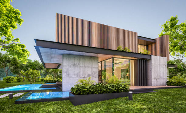 istock 3d rendering of modern house with wood plank facade in evening 1242042011