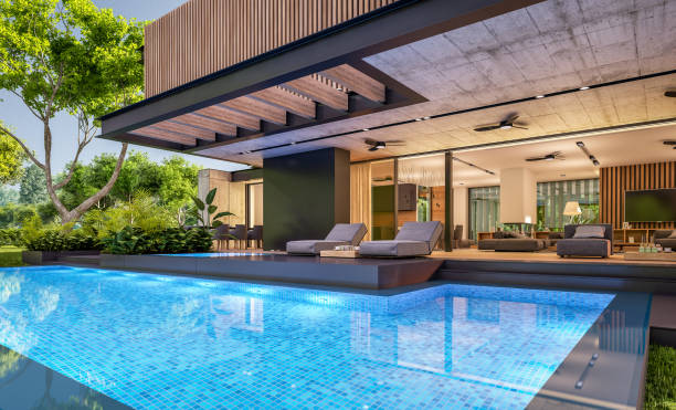 istock 3d rendering of modern house with wood plank facade in evening 1242042568