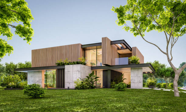 istock 3d rendering of modern house with wood plank facade in evening 1242042569