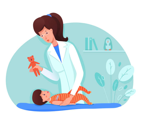 Vector character illustration of children health at clinic scene Children health at clinic scene. Doctor measures temperature of baby, shows toy bear. Preventive examination by pediatrician, diagnostics and healthcare concept. Vector character illustration baby doctor stock illustrations