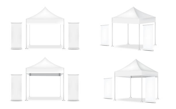 istock 3D Mock up Realistic Tent Display POP Booth and Roll up. Banner  for Sale Marketing Promotion Exhibition Background Illustration 1242046863