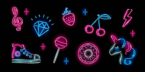 set von neon girly ikonen auf schwarzem hintergrund: einhorn, diamant, kirsche, donut, erdbeere, blitz, lollypop, sneaker. mode, fantasie, mädchen, kindliche syidee. nacht-zeichen-stil. vektor 10 eps-illustration. - neon stock-grafiken, -clipart, -cartoons und -symbole